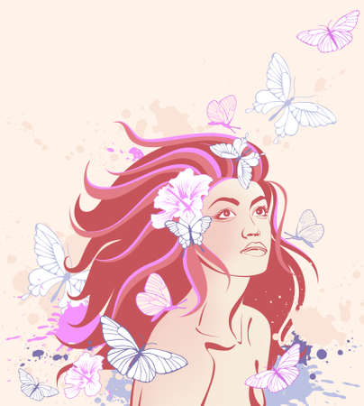 background with girl and butterfliesのイラスト素材