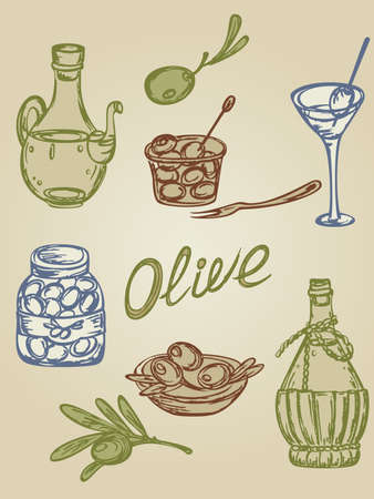 hand-drown retro  icons with olive fruit and olive oilのイラスト素材