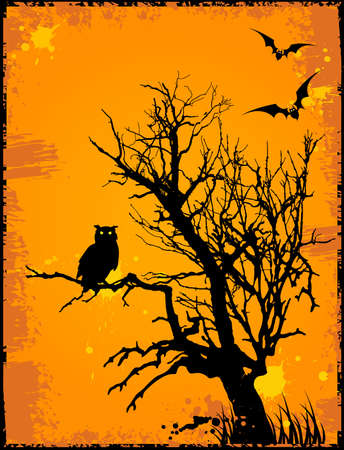 Halloween background  with owl,tree and grunge backgroundのイラスト素材