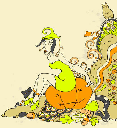 Halloween background  with witch sitting on a pumpkinのイラスト素材