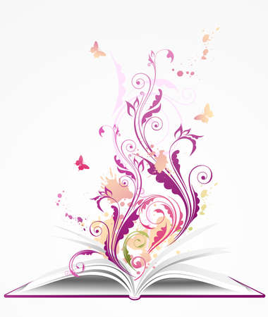 background with open book, floral ornament and butterfliesのイラスト素材