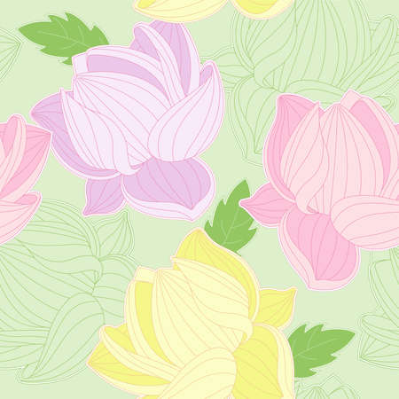 green seamless pattern with colored  lotusのイラスト素材