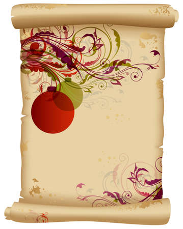 Christmas background with floral ornament on an old scrollの写真素材