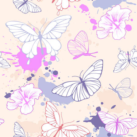 grunge seamless pattern with butterflies and blotsのイラスト素材