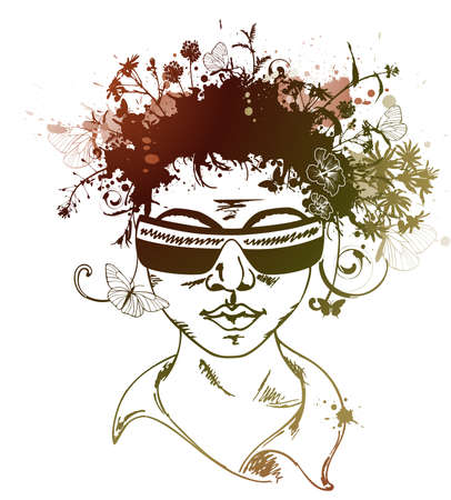 grunge background with face and flowersのイラスト素材