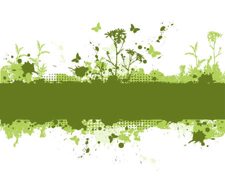 green grunge background with flowers and butterfliesのイラスト素材