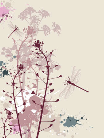 Background with flowers,dragonfly and grunge effectのイラスト素材