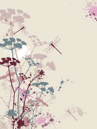 Background with flowers,dragonfly and grunge effectのイラスト素材