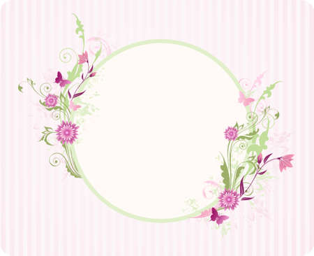 round banner with floral ornament and pink flowersのイラスト素材