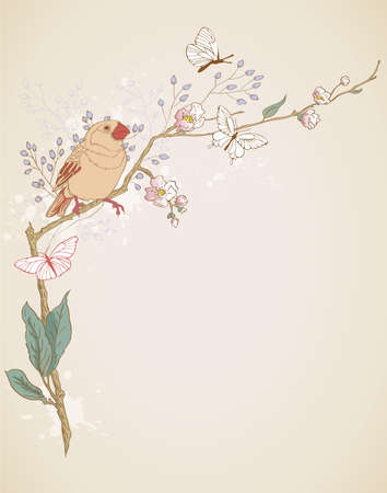 bird sitting on a branch of blossoming treeのイラスト素材