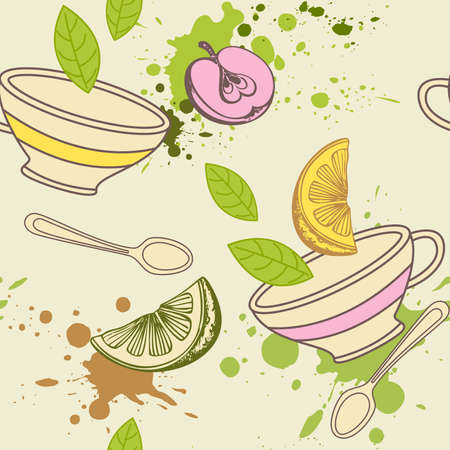 vector seamless pattern with cup and fruitsのイラスト素材