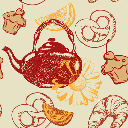 vector seamless pattern with teapot and fruitsのイラスト素材