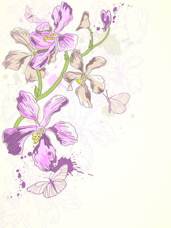 vector background with hand drawn violet orchidsのイラスト素材