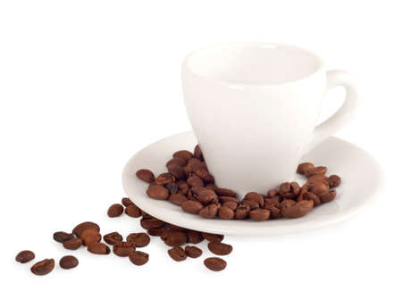 Coffee cup and coffee beans  isolated on white backgroundの写真素材