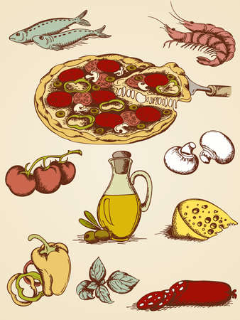 set of vector hand drawn pizza iconsのイラスト素材