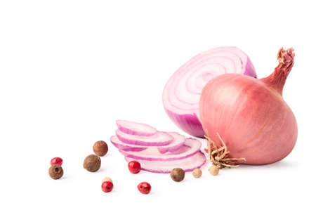 red onion and pepper on a white backgroundの写真素材