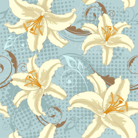 blue floral vector seamless pattern with lily のイラスト素材