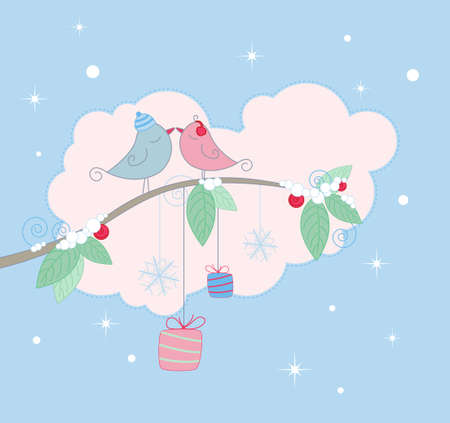 Christmas background with birds on a branchのイラスト素材