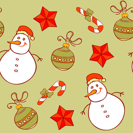 vector seamless pattern with snowman and Christmas decorationsのイラスト素材