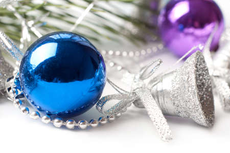 Christmas background with blue ball and silver bellの写真素材