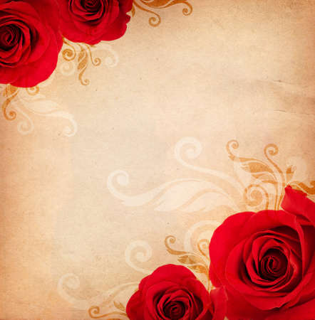 vintage background with red roses and floral ornamentの写真素材