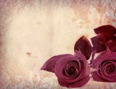 vintage background with red roses and floral ornamentの写真素材