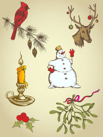 set of vintage vector hand drawn Christmas elementsのイラスト素材