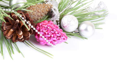 Christmas background with decorations and pine branchの写真素材