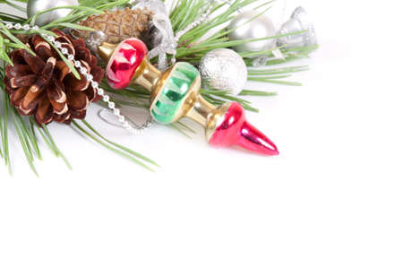 Christmas background with old decoration and pine branch の写真素材