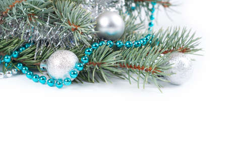 Christmas background with blue bead, decoration and fir branch の写真素材