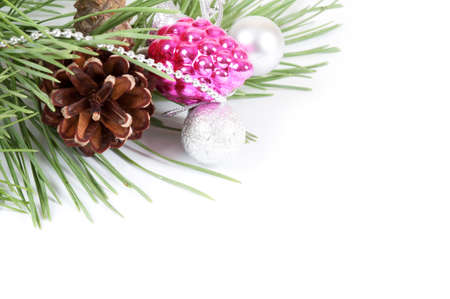 Christmas background with decoration and pine branch の写真素材