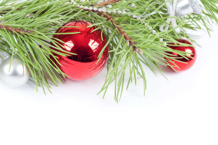 Christmas background with red decoration and pine branch の写真素材