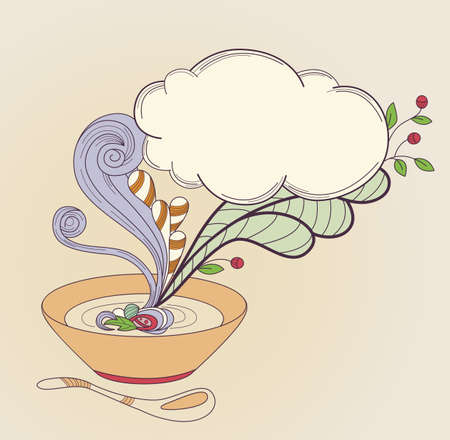 Vector hand drawn plate  of a soup and cloudのイラスト素材