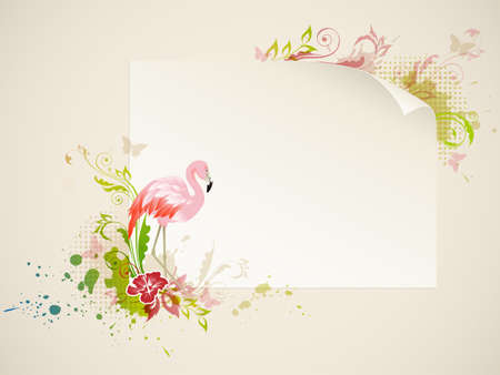 Vector banner with pink flamingo and flowersのイラスト素材