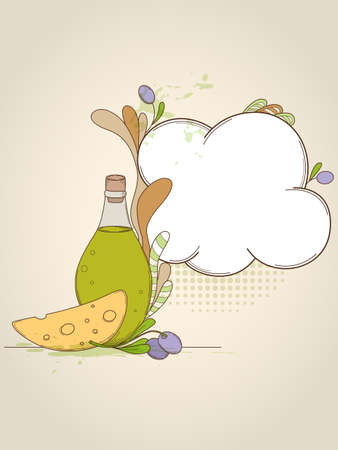 Vector bottle of olive oil and piece of cheeseのイラスト素材