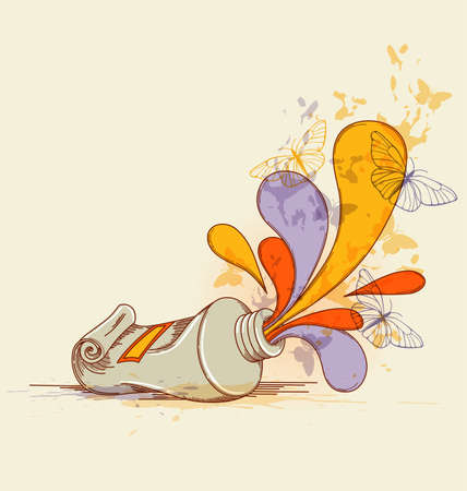 Vector hand drawn tube of paint and butterflyのイラスト素材