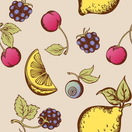 Vintage vector seamless pattern with fruits and berriesのイラスト素材