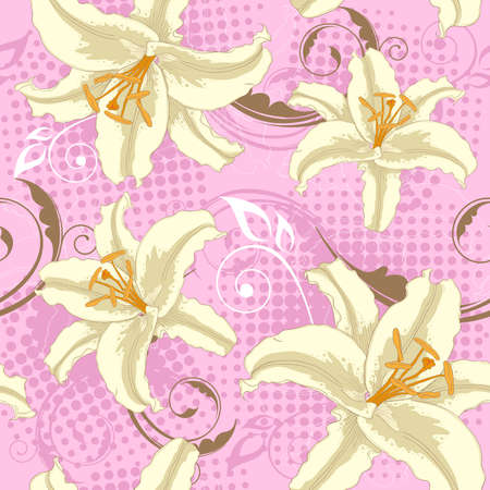 Vector pink seamless pattern with white  lilyのイラスト素材