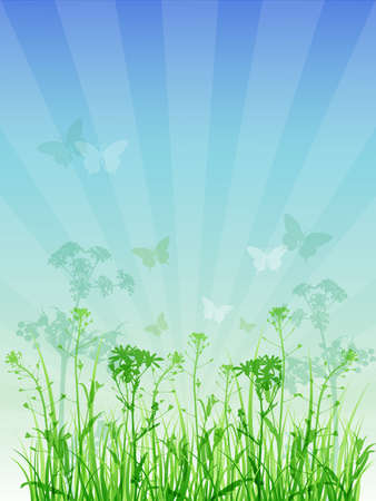 Summer vector floral background with green grassのイラスト素材