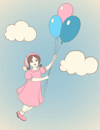 vector background with girl flying on balloonsのイラスト素材