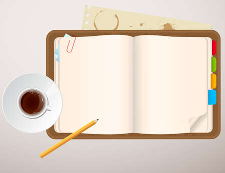 Vector background with notebook and a cup of coffeeのイラスト素材