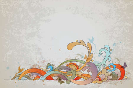 Retro vector background with waves, floral ornament and butterfliesのイラスト素材