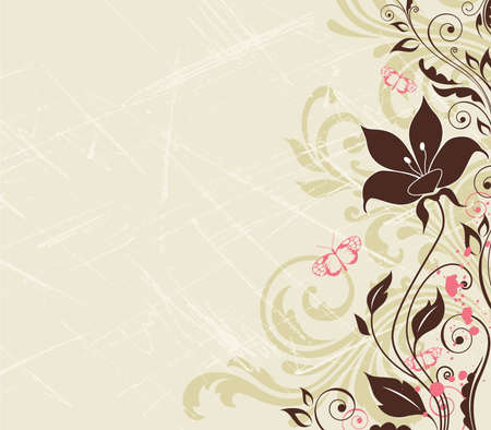 Scratched vintage floral background with tulip and butterfliesのイラスト素材