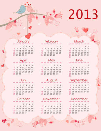 Vector calendar for 2013 with birds on a pink backgroundのイラスト素材