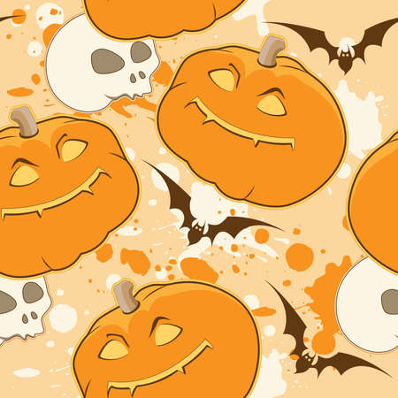 Yellow Halloween pattern with pumpkin and skullのイラスト素材