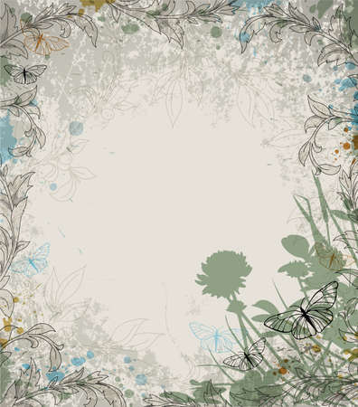 Retro floral background with clover and butterfliesのイラスト素材