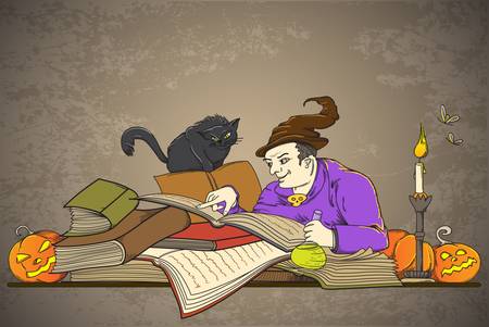Vintage hand drawn Halloween background with wizardのイラスト素材
