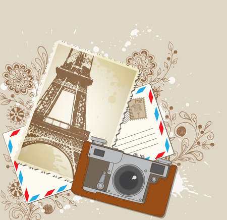 Vector background with old camera and photoのイラスト素材