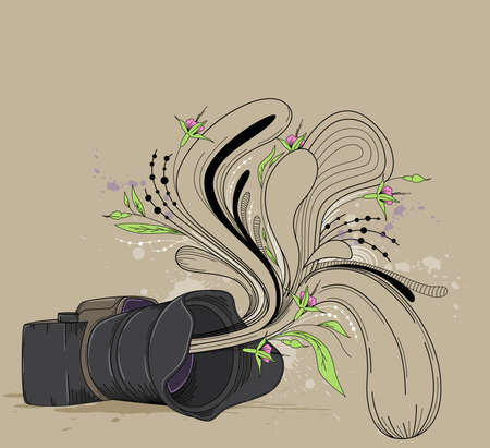 Abstract vector background with camera and flowersのイラスト素材