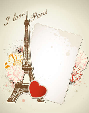 Vector background with old frame and  Eiffel towerのイラスト素材